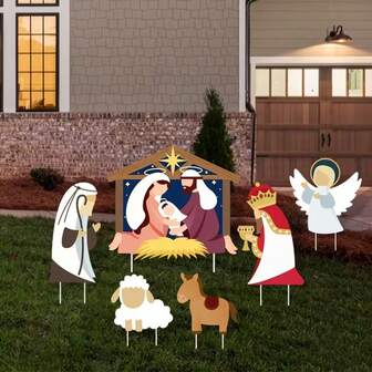 2D Flat, 6pcs Plastic Religious Christmas Nativity Scene Yard Stakes Outdoor- Mary, Jesus, Angel, Animal Etc. Figures , Christmas Garden Decorative Easy Assembly For Church, Garden, Lawn And Patio, Holy Family Display