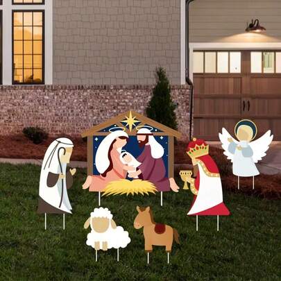 2D Plano, 6 peças Estacas de Plástico para Cena de Natividade Religiosa de Natal para Área Externa - Figuras de Maria, Jesus, Anjo, Animais etc. Decoração de Jardim de Natal de Fácil Montagem para Igreja, Jardim, Gramado e Pátio, Exposição da Sagrada Família