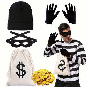 6 件套强盗服装套装，包括假美元、帆布美元符号钱包、眼罩、针织帽、手套，适用于成人万圣节角色扮演防盗主题派对世界预订日