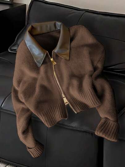 Vera Lane 女士秋冬韩版复古PU领街头风波西米亚朋克双向拉链羊毛外套圣诞毛衣