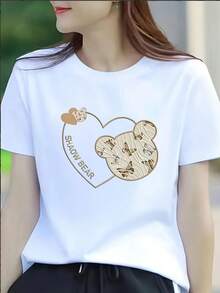 Print Sleeve Neck All-Season Casual Wear Women'S Casual Summer T-Shirt With Cute Bear And Heart - Trắng 2 - Xem 1