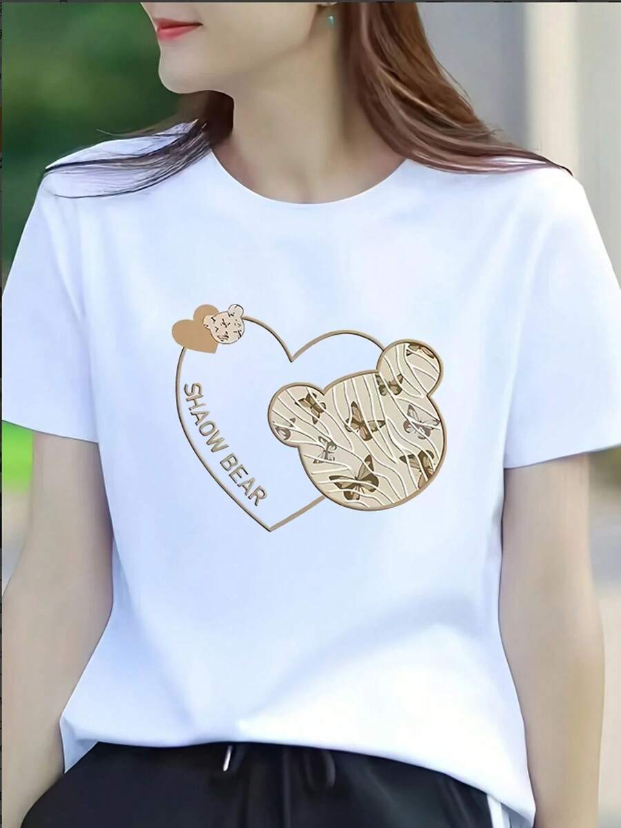 Print Sleeve Neck All-Season Casual Wear Women'S Casual Summer T-Shirt With Cute Bear And Heart - Trắng 2 - Xem 1
