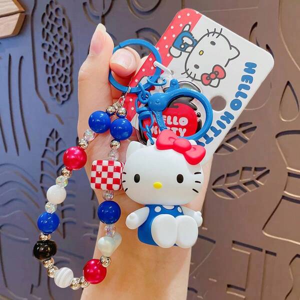 Sanrio 1 pièce Porte-clés perlé Hello chat de Sanrio - Anneau porte-clés en cristal rouge blanc bleu pour fille, cadeau mignon kawaii pour anniversaire, Noël, fête de l'amitié, accessoire de mode pour sac à main, sac, clés de voiture