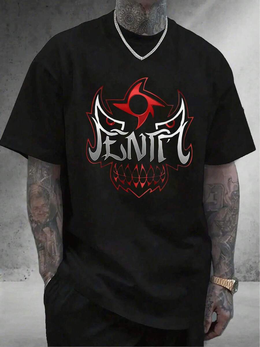 Camiseta informal de moda con estampado de letras en blanco y negro, 2 camiseta con estampado gráfico de letras de dibujos animados, 180 gramos, 100 % algodón puro y pesado. - Negro - Ver 1