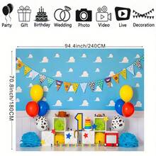 Fondo de fotografía con decoración de cielo azul de dibujos animados, nubes blancas, pastel de cumpleaños número 1 y adornos para sesión de fotos del primer cumpleaños del niño - Tipo A - Ver 8