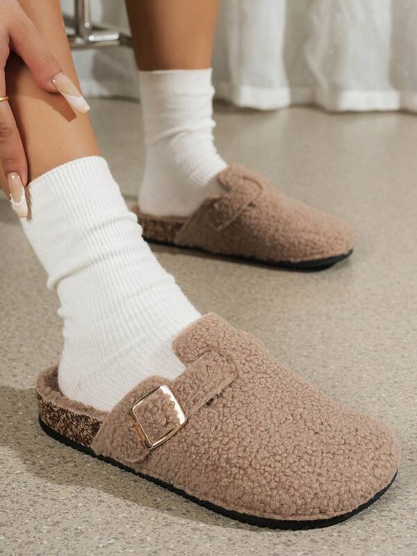 Mädchen Mode Neue Plüsch Slip-On Hausschuhe, Einzelne Schnalle, Bequem für Innen/Außen, Urlaub, Lässig, vielseitige flache Sandalen