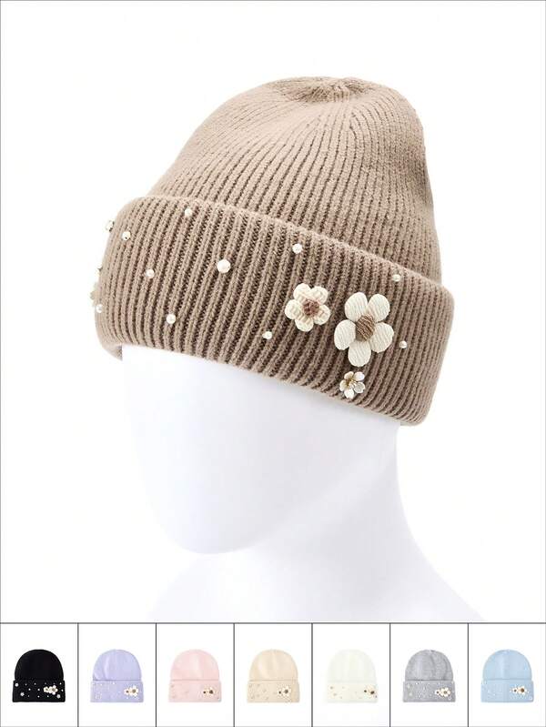 1pc Women's Pearl, Rhinestone, Floral Embroidery, Animal, Solid Color Mesh Knit Hat, Autumn/Winter Outdoor Daily Wear, Warm Beanie Cap For Hiking, Running, Sports