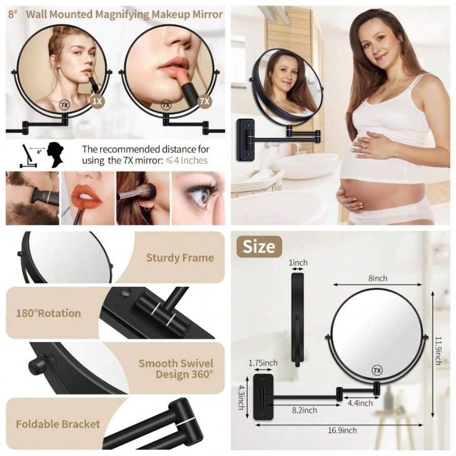 - Espejo de maquillaje de 20, 3 para montaje en pared, 1X7X, brazo oscilante de dos caras giratorio de 360, para hombres y mujeres en hotelhogar, chapado en cromo - 20,3L x 20,3A cm + Negro - Ver 1