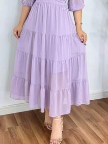 Elegant Women's Midi Dress With V-Neckline, Crisscross Tie, And 3/4 Sleeves - 紫丁香 - 查看 3