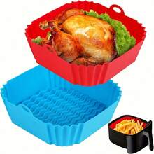 2 Non-Stick Air Fryer Mats - Heat Resistant Up To 446°F (230°C), Anti-Slip Base - Reusable, Even Cooking, Easy To Clean - Compatible With Instant Pot, Oster, Shark Tank - Oven And Microwave Accessories (Red + Blue), Corrugated Texture Design - 紅色藍色 - 查看 9