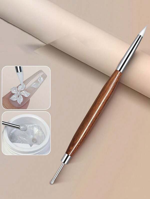 Dual-Ended Sandalwood Nail Art Pen, Silicone Carving Pen, Multi-Functional Scraping Gel Engraving Painting Nail Art Tools