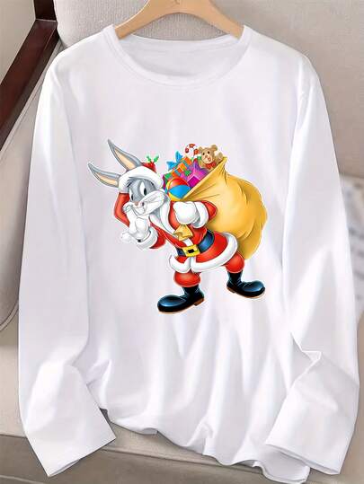 Warner Bros Camiseta de manga larga para mujer, con licencia de propiedad intelectual de Warner Bros, camiseta de manga larga con estampado gráfico de Bugs Bunny de dibujos animados navideños, cuello redondo, material de fácil cuidado, adecuado para uso diario, ropa de mujer, camiseta de mujer