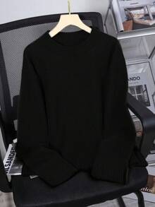 Jersey holgado de punto suelto de hombros caídos y unicolor, otoño/invierno - Negro - Ver 3