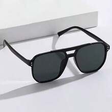 Retro Large Frame Square Sunglasses, Unisex Personalized Rivet Double Bridge Driving Cycling Glasses, Solid Color Vintage Style, Suitable For All Seasons