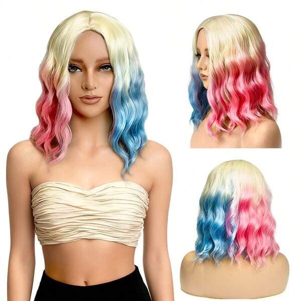 Peluca corta rizada bicolor con ondas grandes, adecuada para fiestas de Halloween, cosplay, estilo europeo y americano