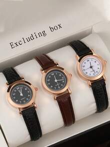 3 件/1 件时尚小表盘女士手表套装，休闲皮革表带石英表（无盒）