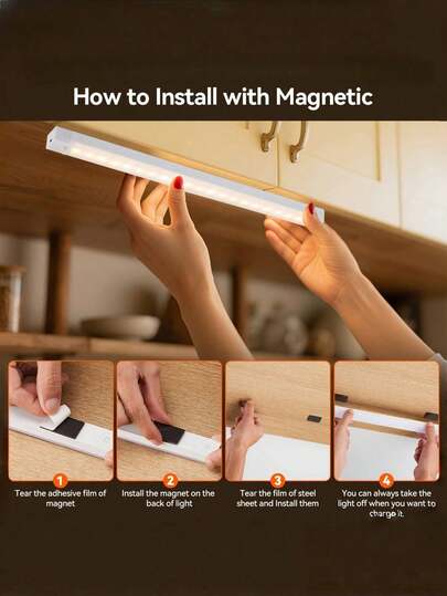 50cm /10cm/20cm/30cm/ Usb Wit Led Verlichting Strip Motion Sensor Perfect Cabinet, Wardrobe Hallway, Wireless Under Cabinet Lighting, Rechargeable Magnetic Night Lamp Hallway Kitchen Shelf Ho Room ation view 9