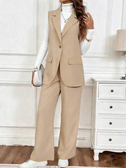 1 Set Solid Color Sleeveless Blazer Jacket + Pants Suit, Fashionable Commuter Versatile Solid Color Office Wear