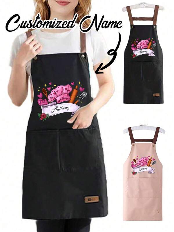 1 pezzo Grembiule personalizzato regolabile, grembiule personalizzabile con nome, stampa di cappello da chef rosa e posate, per uomo e donna con tasche grandi, grembiule personalizzato con lacci regolabili per collo e vita, design personalizzato per cucinare e barbecue, regalo perfetto per uomo e donna, ideale per Natale e Ringraziamento.