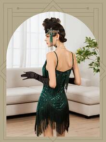 Womens 1920s Flapper Dress,V Neck Great Gatsby Fringe Cocktail Dress With 20s Accessories Set-Roaring 20s Costume - 綠色 - 查看 3