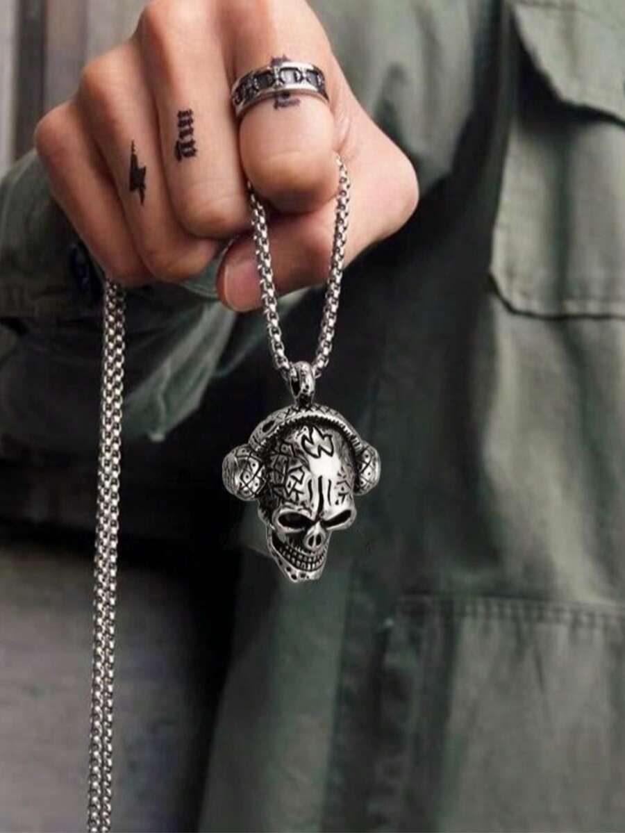 1 mặt dây chuyền tai nghe hình đầu lâu thời trang, vòng cổ phong cách Punk cổ điển dành cho nam, trang sức tiệc Halloween - Bạc - Xem 1