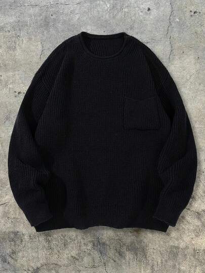 Men's Casual Solid Color Ribbed Texture Pullover Sweater, Versatile Round Neck Long Sleeve Knitwear For Spring, Autumn, Winter