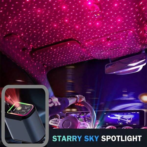 Carregador de Carro 66W com Luz de Projeção de Céu Estrelado, Inclui 2 Cabos de Carregamento Rápido Retráteis, Portas USB + PD de Carregamento Rápido, Carregador de Isqueiro de Carro 4 em 1