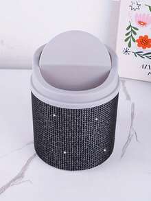 Sparkling Rhinestone Mini Desktop Trash Can - Elegant Pink And Clear Plastic Waste Basket With Lid For Makeup Table, Office Desk, Or Vanity Organizer, Desktop Trash Ca