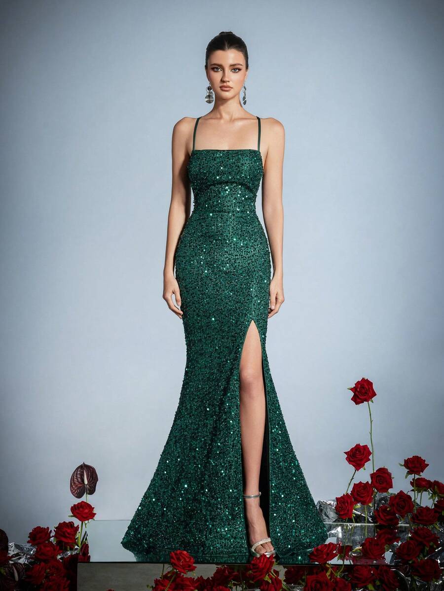 Elegante vestido de noche de lentejuelas con tirantes finos - Diseño de espalda cruzada, abertura alta - Perfecto para recepciones de bodas, galas, eventos de alfombra roja y fiestas formales - Verde Oscuro - Ver 1