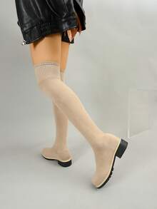 女士弹力靴，时尚百搭秋冬新款个性袜靴，修饰腿型修身圆头一脚蹬过膝长靴
