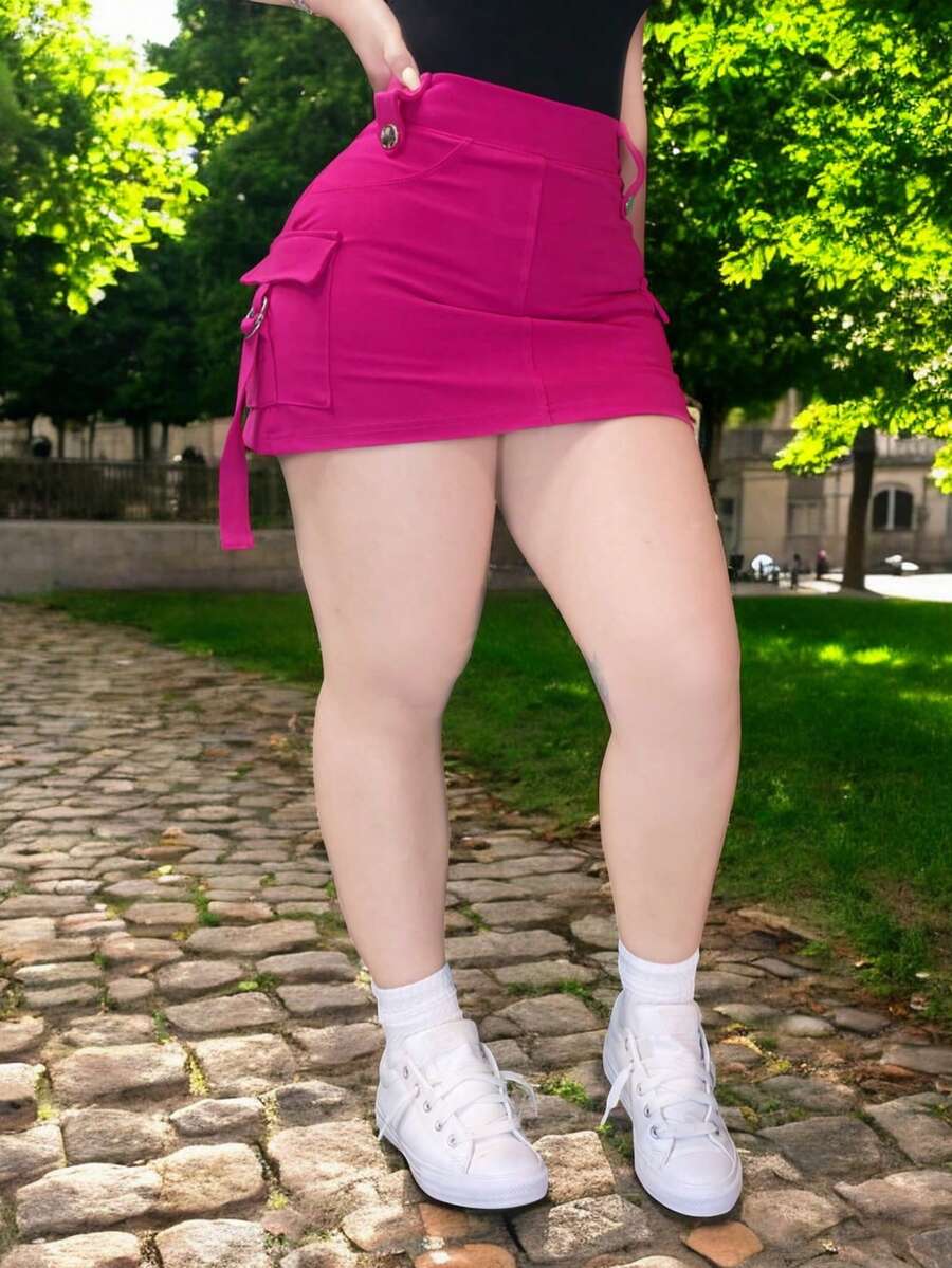Falda con short cargo con listones stretch casual tiro alto para mujer - Fucsia - Ver 1