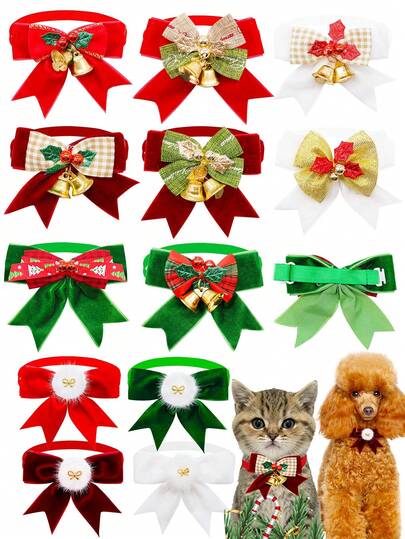 2/6PCS Christmas Pattern Bowknot Collars, Festive Style Velvet & Plaid Adjustable Pet Collars With Bell & Holly Details For Christmas Pet Decoration