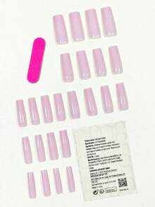 24pcs Minimalist Style Square Shaped Elegant French Plainful Nail Tips Set For Party, Dating, Daily Wear Press On Nails Nail Supplies - 粉色 - 查看 2
