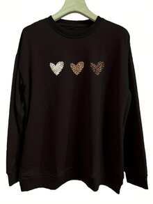 Mujer004 Sudadera de cuello redondo para mujer invierno sudadera de manga larga cómoda suave Camiseta suéter negra con tres corazones decorativos atractivos, perfecta para un estilo casual moderno y elegante - Negro - Ver 1