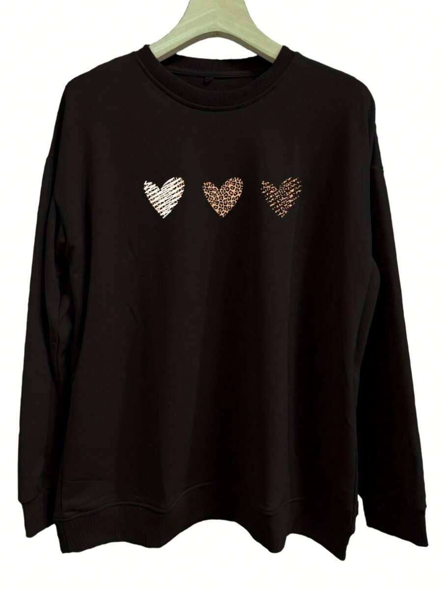 Mujer004 Sudadera de cuello redondo para mujer invierno sudadera de manga larga cómoda suave Camiseta suéter negra con tres corazones decorativos atractivos, perfecta para un estilo casual moderno y elegante - Negro - Ver 1