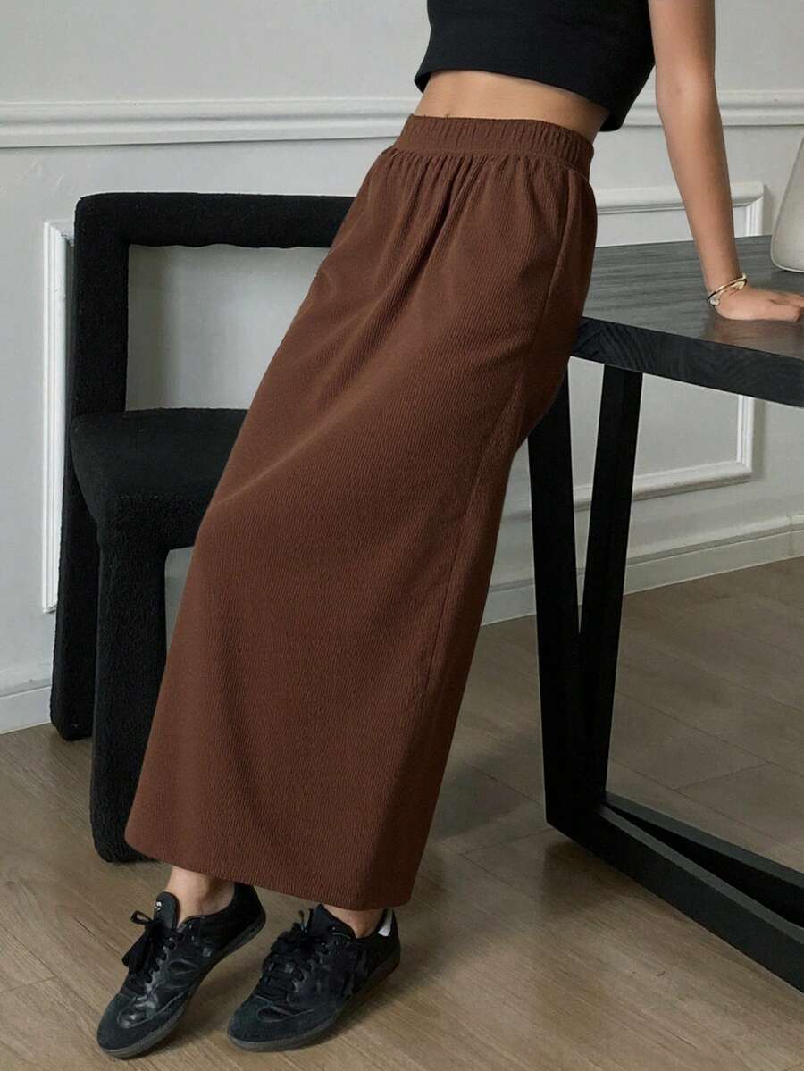 Livesso Chân váy nữ màu trơn, cạp chun, dáng suông, rộng rãi, chất liệu dày dặn, lót lông cừu, thích hợp cho mùa thu và mùa đông. - màu nâu - Xem 1