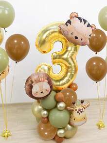 29pcs/Set Jungle Wild Animal Birthday Party Decorations, Cute Wild Animal Birthday Balloon Set, Includes Lion, Giraffe, Tiger Foil Balloons, Vintage Green & Brown Latex Balloons, 32inch Gold Number 1-9 Balloons, Suitable For Birthday Party Decor, 1st Birthday, Christening, Jungle Party, Ceremony, Baby Shower, Carnival Birthday, Wild Forest Zoo Theme Party Decorations, Home Decor Balloons, 1-9 Years Old Birthday Decor - Multicolor - View 5