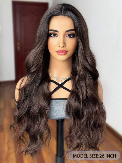 26 Zoll lange schwarze Wellenperücke für Frauen, mittlerer Teil, lange lockige Perücke aus hitzebeständigem synthetischem Haar, natürlich aussehende Faser-Perücke für täglichen Gebrauch und Partys