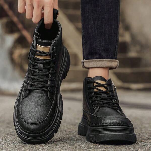 Men's British Style Leather Shoes, Work Boots, Casual Shoes, Retro Oxford Boots, Boots, High-Top Boots, Student Korean Fashion Sneakers (Slightly Different Color, Recommend Sizing Up For More Comfort), Random Line & Letter Pattern