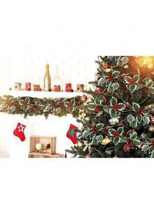 1 pieza Guirnalda de Navidad artificial de 5.8 pies con bayas rojas, hojas de acebo y decoración de flores de ratán para la decoración del hogar