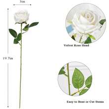 50PCS Large Velvet Artificial Roses 4.14" Real Touch Long Stem Fake Flowers In Bulk For Flower Arrangement, Wedding, Home & Party Decor (White) - 白色-12件 - 查看 2