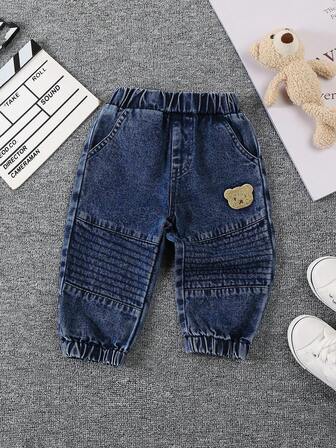 Toddler Boys' Casual Seasonal New Bear Embroidery Fashion Versatile Drawstring Washed Blue Jeans