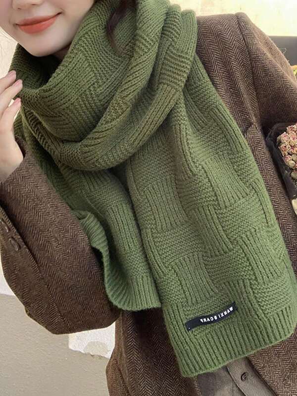 1 pieza Bufanda de punto de unicolor con estilo japonés versátil y a rayas para mujer, cálida para el invierno, de polar minimalista