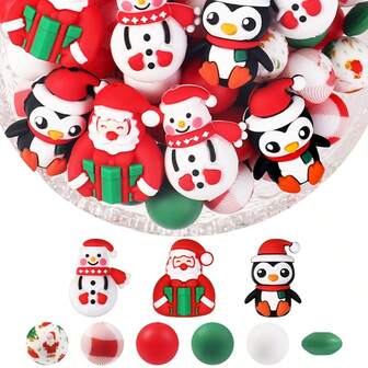 34颗可爱3D圣诞老人企鹅雪人硅胶珠，时尚设计，适用于珠宝制作，非常适合DIY手链、串珠笔配件、节日派对装饰、钥匙扣和其他手工工艺品——理想的圣诞礼物