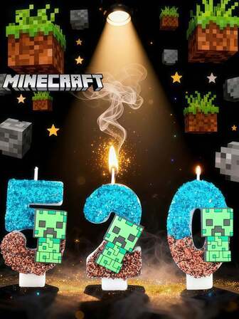  Minecraft DIY Number 0-9 Two-Tone Gradient Spout Birthday Candle Collector's Edition - Made Of Gradient Wax, The Luxurious Number Candles Create A Festive Atmosphere, Letter-Shaped Numbers Decorated With Glitter, Perfect For Birthday Party Cake Decoration