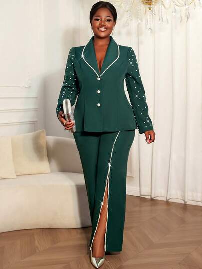 Zestaw garniturowy z długim rękawem i perłowymi i koralikowymi zdobieniami w dużym rozmiarze, z baskinką i długimi rękawami, dla kobiet, elegancki, formalny, na okazje biznesowe i do pracy