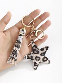 1 قطعة DIY مصنوعة يدويًا من جلد البو ذو طبعة نمر مع شرابة بشكل نجمة خماسية، حلقة مفاتيح نجمية جلدية، هدية إبداعية للحبيب والصديق والصديقة والمناسبات والأعياد والهاتف المحمول وإكسسوارات السيارة وهدايا صغيرة لحقيبة الأحداث وإكسسوارات السيارة وهدايا المعلم والأخت