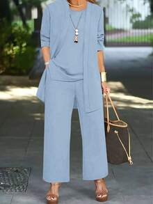 Bộ đồ nữ cỡ lớn 3 món màu trơn, phong cách thường ngày: Áo khoác/áo cardigan + Áo không tay cổ tròn + Quần ống đứng cạp chun, chất liệu mềm mại, co giãn, dáng rộng, thoải mái khi đi làm, thích hợp cho mùa xuân/thu/đông và mùa hè thanh lịch. - Màu trời - Xem 2