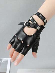 哥特朋克露指手套 - 铆钉皮革，腕部系带设计，适合钢管舞/夜店/锐舞派对，暗黑美学动漫风格，另类时尚，暗黑文化，场景风格，工业哥特，可爱哥特风夏季 - 彩色 - 查看 4