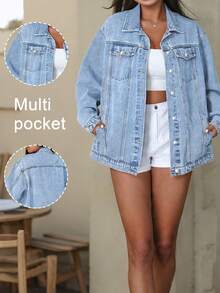 Women's Plus Size Denim Jacket  Vintage Washed Loose And Slimming Mid Length Jacket  Plain    Casual    Pocket  Button Front    Daily  School  Travel    Versatile Boyfriend Style Denim Jacket - 淺色水洗藍 - 查看 7